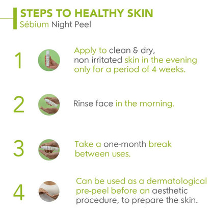 Bioderma Night Peel Sebium for oily, acne-prone skin with glycolic acid, showing the product bottle and packaging.