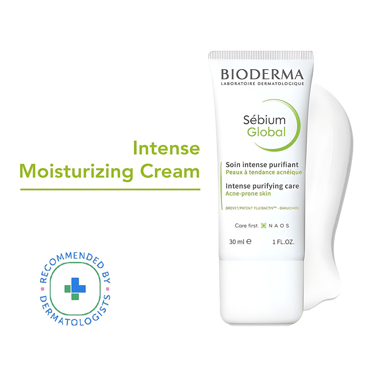 Bioderma Sebium Global moisturizer for oily, acne-prone skin showing the product bottle with label and pump dispenser.