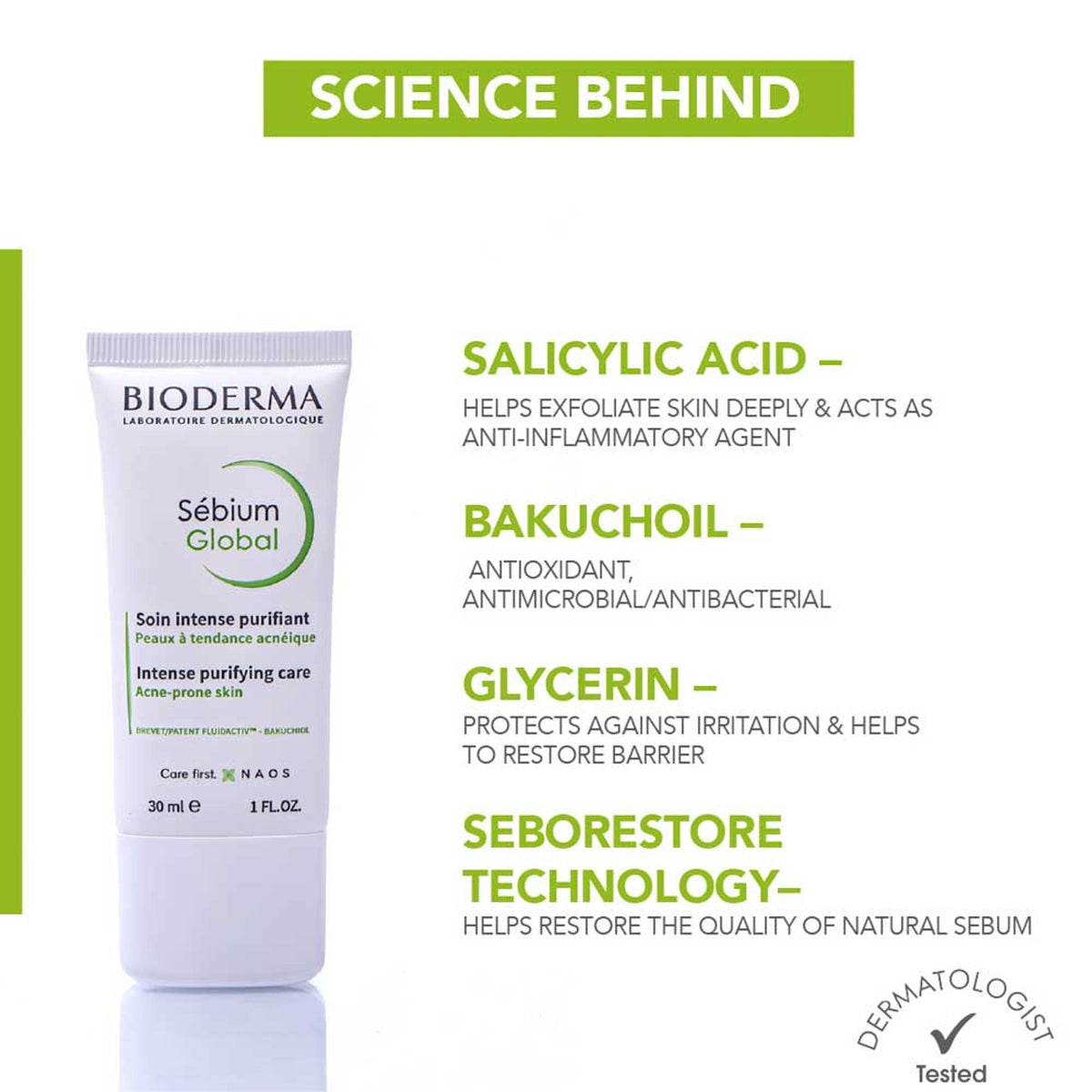 Bioderma Sebium Global moisturizer for oily, acne-prone skin with visible blackheads and spots on the face.
