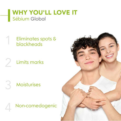 Bioderma Sebium Global moisturizer for oily, acne-prone skin with visible texture, reducing spots and blackheads.