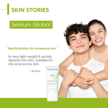 Bioderma Sebium Global moisturizer for oily, acne-prone skin showing the product bottle with the label and pump dispenser.