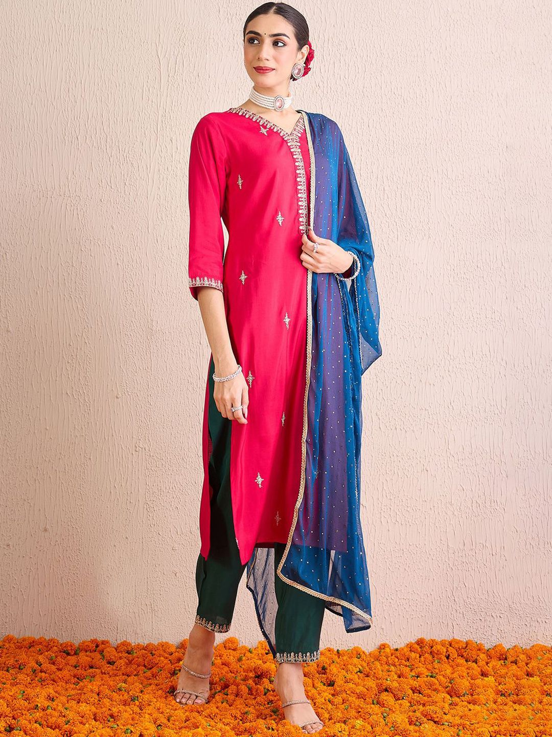 Indyancart IE Women Ethnic Motifs Embroidered Regular Kurta with Trousers & With Dupatta