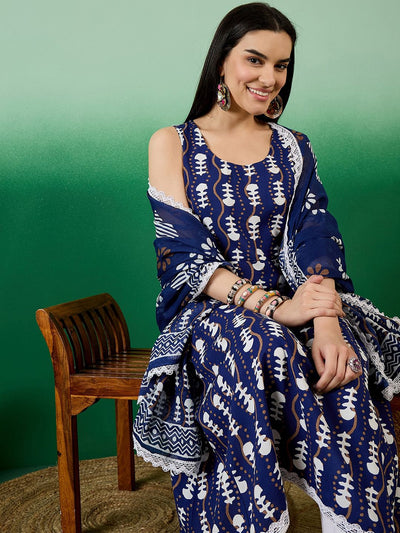 Indyancart SN Women's Blue Ethnic Motifs Round Neck Gotta Patti Anarkali Kurta With Trousers & Dupatta