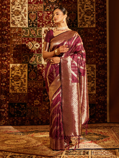 Indyancart KS Women's Striped Zari Banarasi Saree