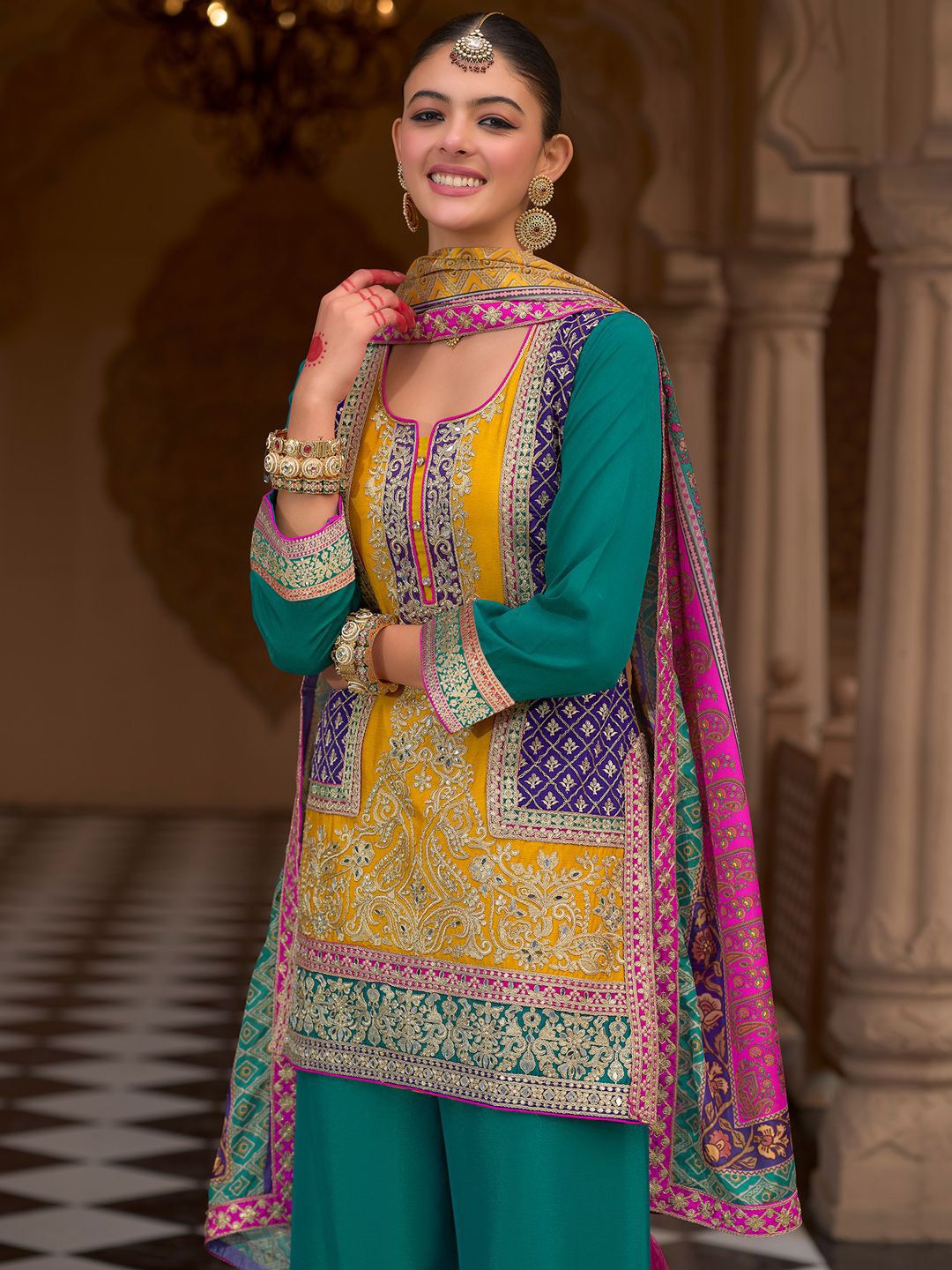 Dhiyona IE Floral Embroidered Notch Neck Mirror Work Kurta With Palazzos & Dupatta