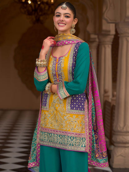 Dhiyona IE Floral Embroidered Notch Neck Mirror Work Kurta With Palazzos & Dupatta