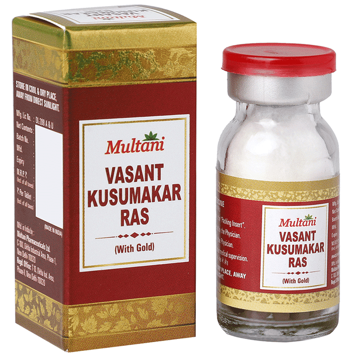 Multani Vasant Kusumkar Ras Ayurvedic tablets with gold, traditional herbal medicine, in a clear container showing the tablets