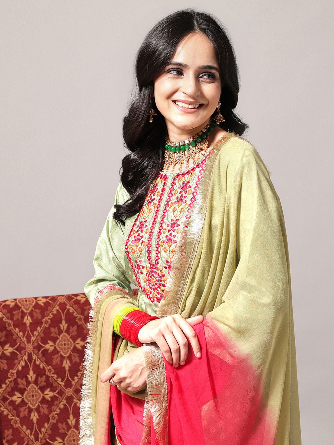 Indyancart VA Women's Green Leheriya Embroidered Mirror Work Kurta with Trousers & With Dupatta
