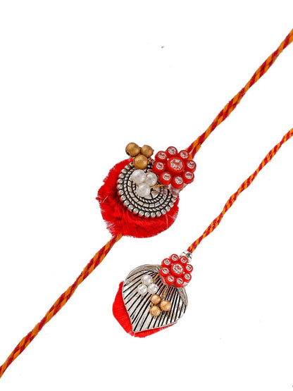 Anouk Red Beaded Bhaiya Bhabhi Rakhi With Roli Chawal & Greeting Card
