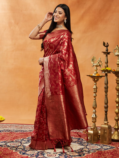 Indyancart KS Women's Floral Woven Design Zari Banarasi Saree