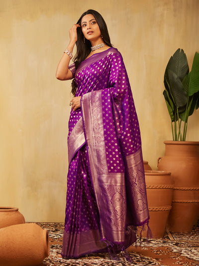 Indyancart KS Women's Ethnic Motifs Woven Design Zari Banarasi Saree