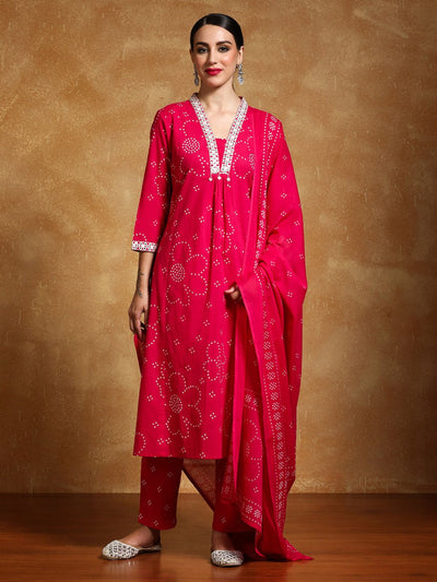 Indyancart VA Women's Bandhani Printed Regular Kurta with Trousers & With Dupatta