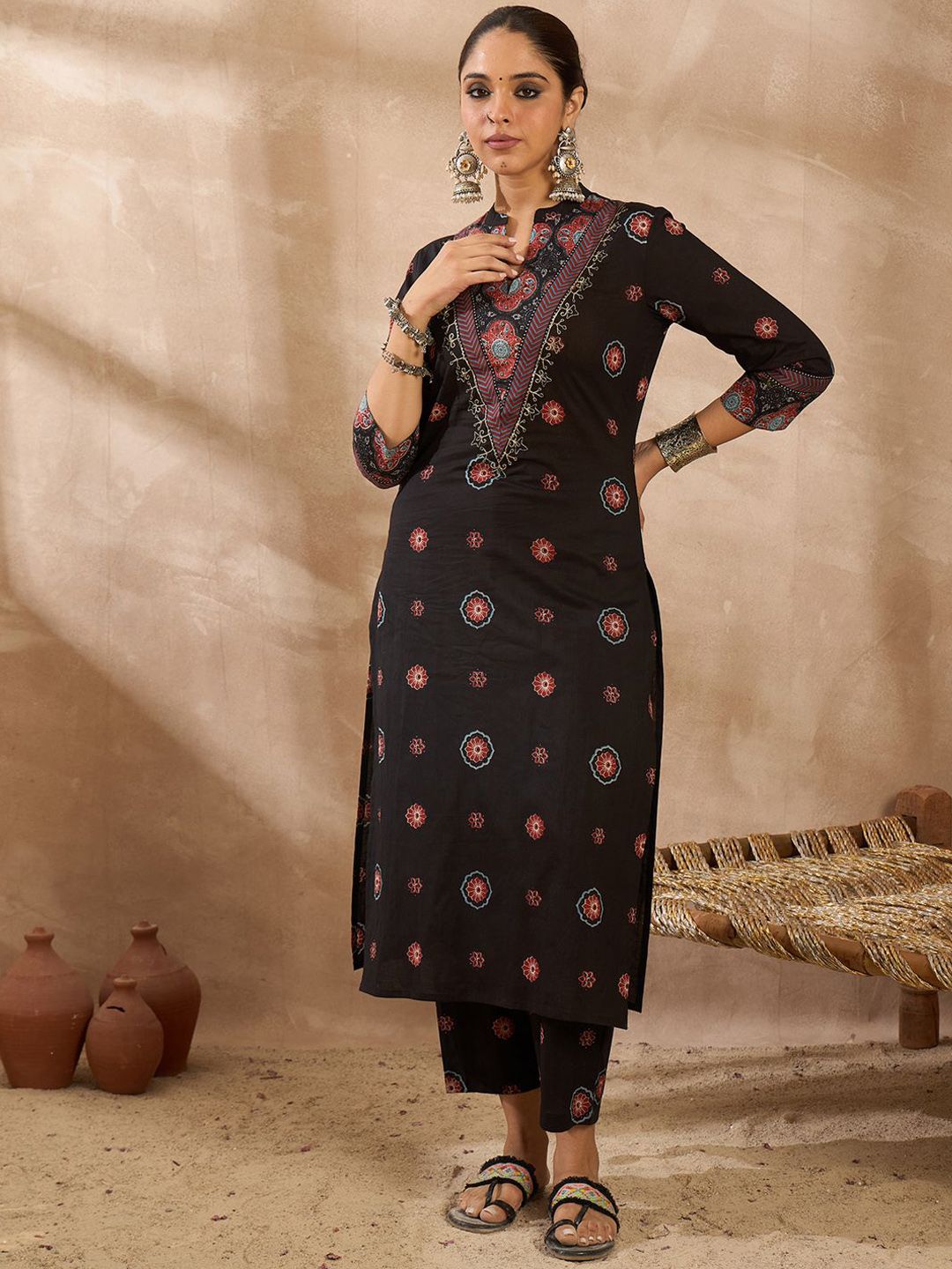 Dhiyona IE Printed Pure Cotton Round Neck Tunic With Trousers Co-Ords