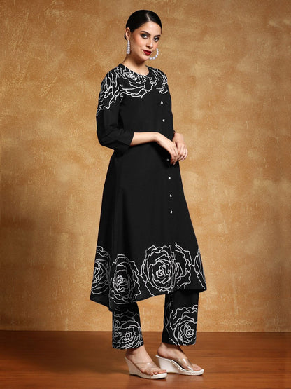Dhiyona VA Women'sFloral Printed Mandarin Collar A-Line Pure Cotton Kurta With Trousers