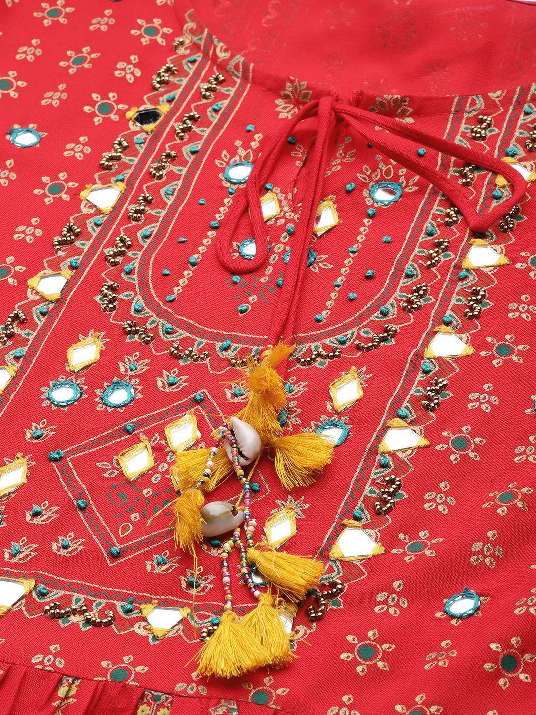 Indyancart IE Women Red & Yellow Ethnic Motifs Printed Sequinned Kurta with Trousers & Dupatta