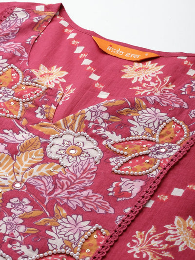 Indyancart IE Floral Printed Pure Cotton Kurta with Trousers & Dupatta
