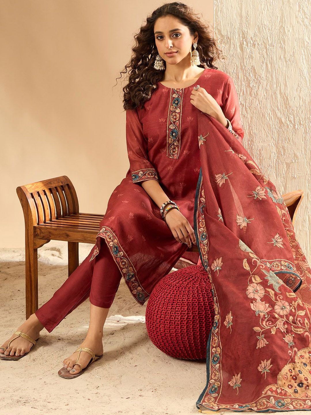 Indyancart IE Women Embroidered Regular Thread Work Chanderi Silk Kurta Trousers Dupatta