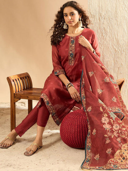 Indyancart IE Women Embroidered Regular Thread Work Chanderi Silk Kurta Trousers Dupatta