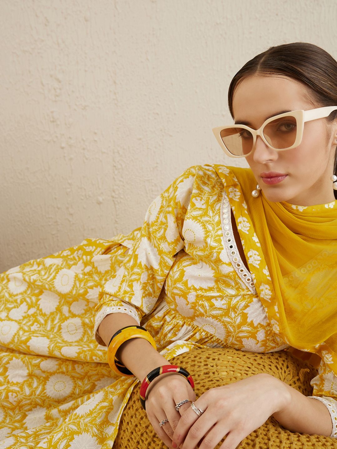 Dhiyona IE Floral Printed Mirror Work Pure Cotton A-Line Kurta with Trousers & Dupatta