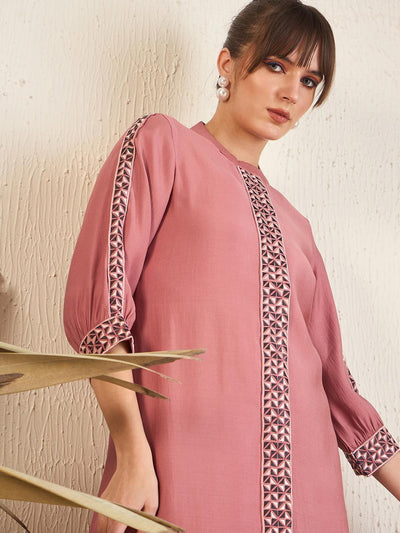 Dhiyona IE Pink Floral Printed Above Knee Shirt Collar Straight Kurta With Trouser