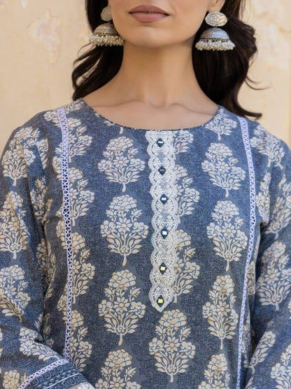 Indyancart VA Women'sEthnic Motifs Printed Regular Thread Work Kurta with Trouser & Dupatta