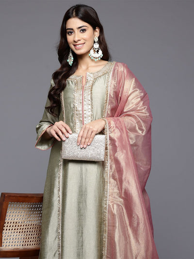 Indyancart VA Women'sFloral Yoke Design Sequinned Panelled Anarkali Kurta With Palazzo & Dupatta