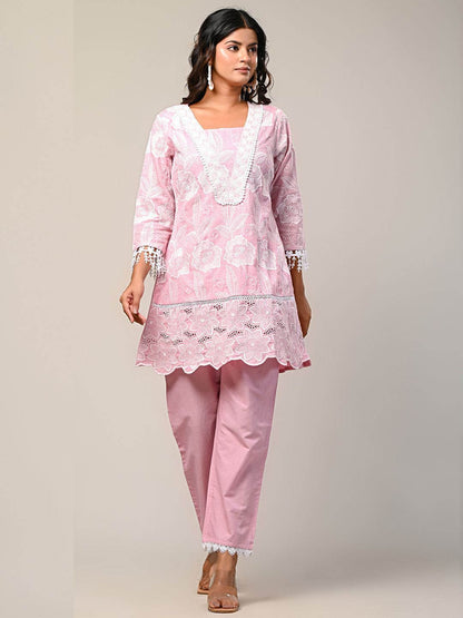 Indyancart IE Embroidered Square Neck Pure Cotton Tunic With Trouser