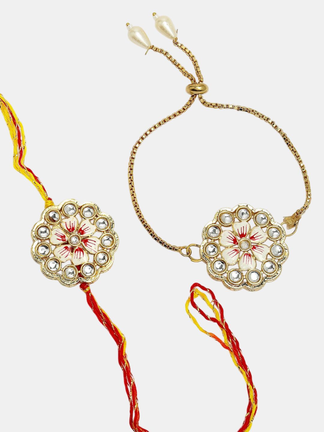 Anouk Kundan Studded & Beaded Floral Bhaiya Bhabhi Rakhi With Roli