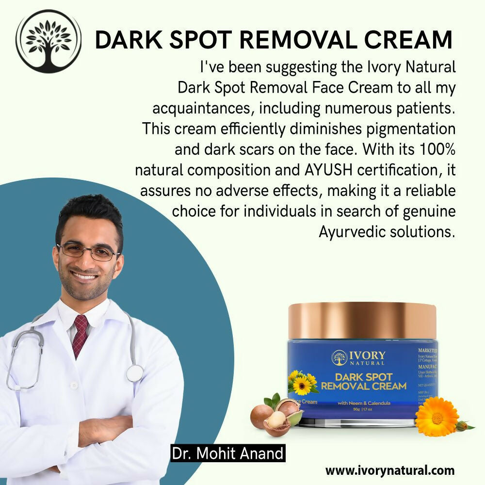 Ivory Natural face cream for dark spots removal, featuring a smooth ivory-colored jar with product label and cream inside.