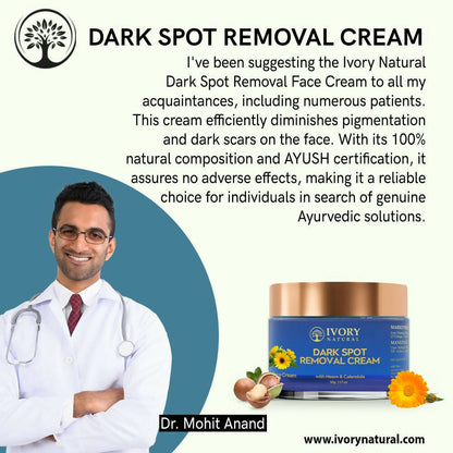 Ivory Natural face cream for dark spots removal, featuring a smooth ivory-colored jar with product label and cream inside.