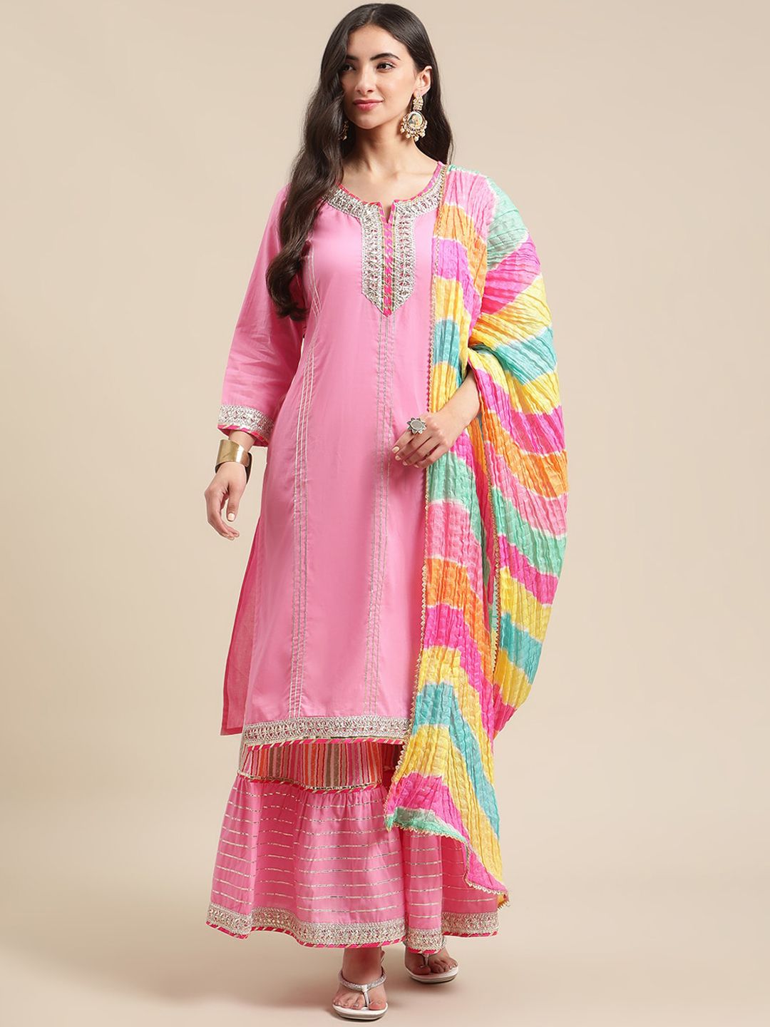 Indyancart VA Women's Pink Gotta Patti Pure Cotton Kurta with Sharara & Leheriya Dupatta