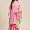 Indyancart VA Women's Pink Gotta Patti Pure Cotton Kurta with Sharara & Leheriya Dupatta