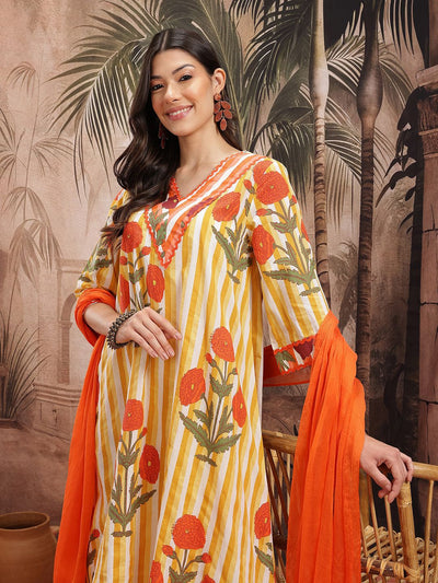 Indyancart SN Women's Floral Striped Pure Cotton Kurta with Palazzos & Dupatta