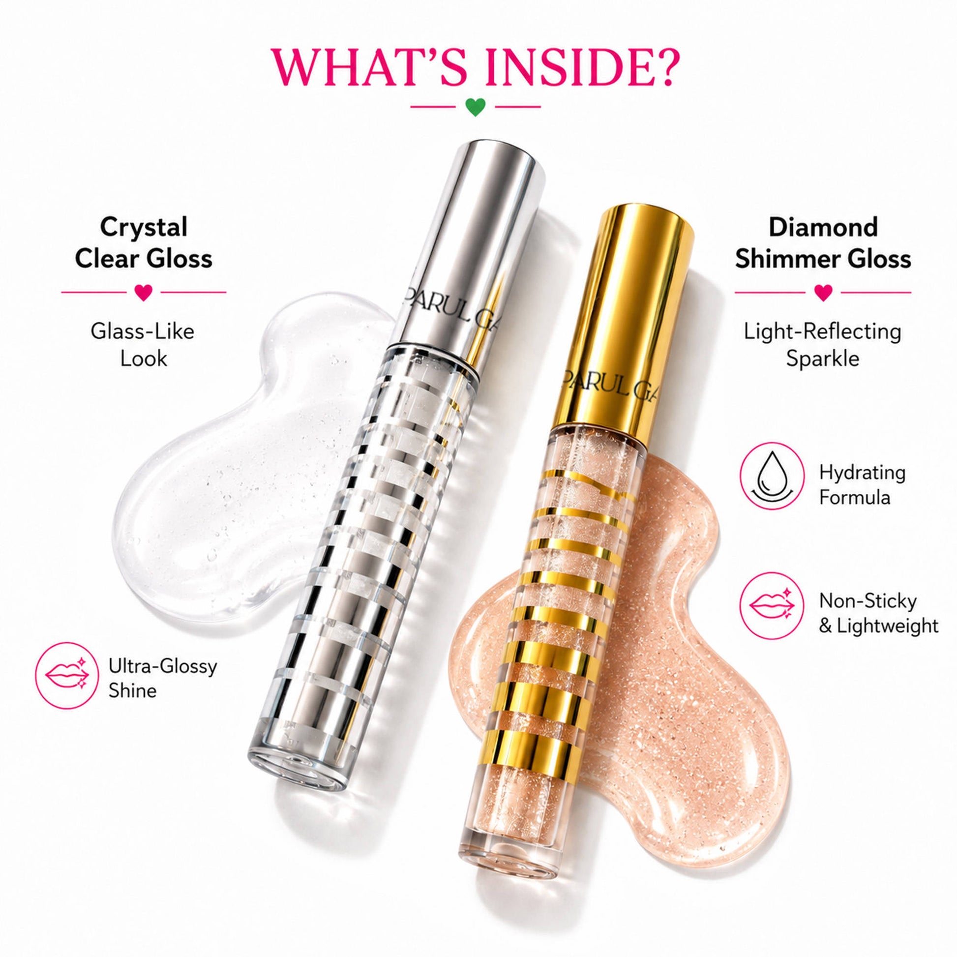 Parul Garg Beauty Gloss Cristale Duo Clear & Diamond Shimmer Lip Gloss Duo Pack, Non-Sticky Shine