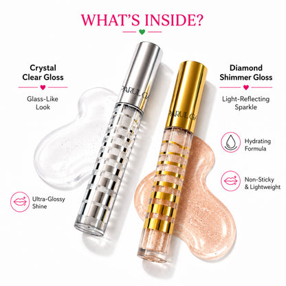 Parul Garg Beauty Gloss Cristale Duo Clear & Diamond Shimmer Lip Gloss Duo Pack, Non-Sticky Shine