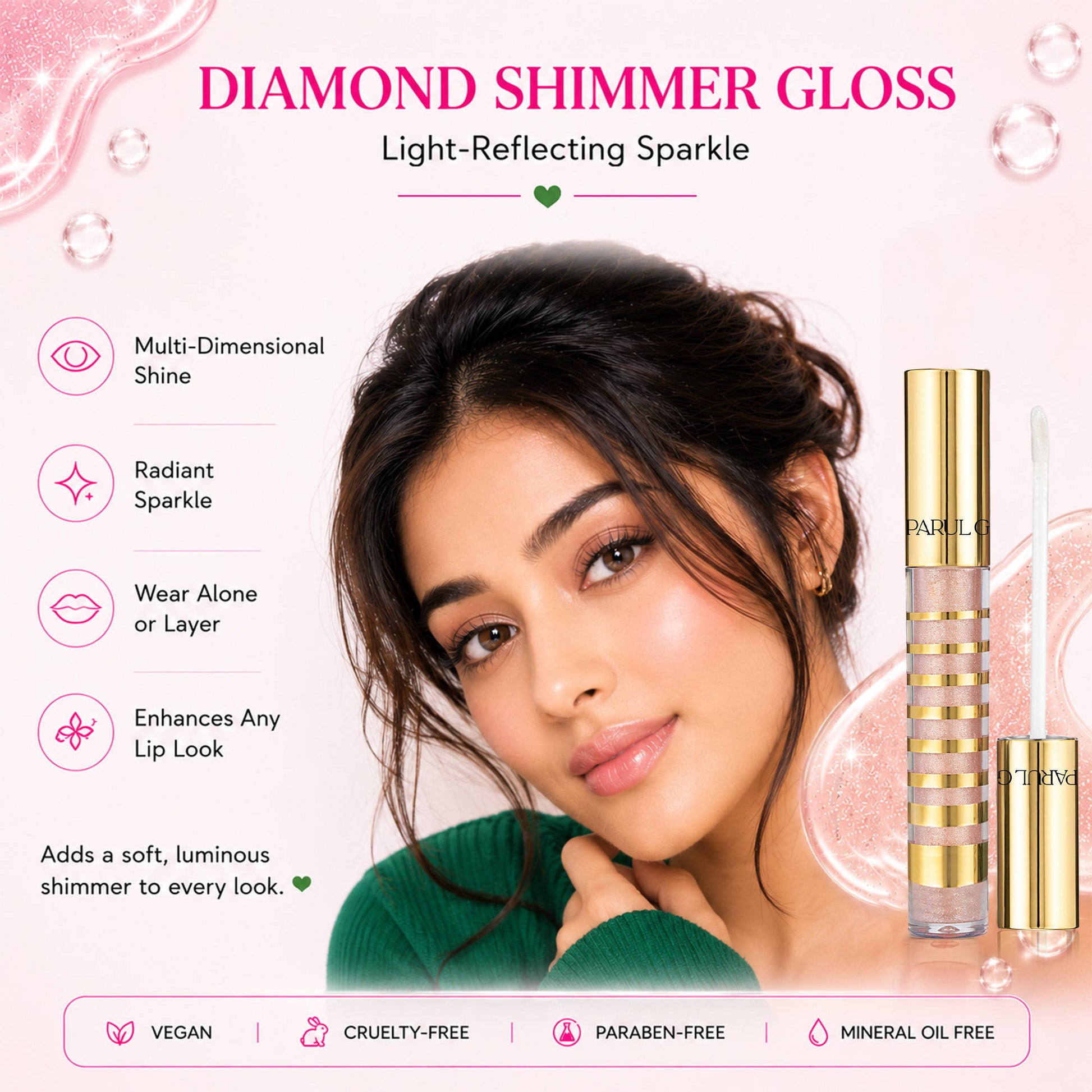 Parul Garg Beauty Gloss Cristale Duo Clear & Diamond Shimmer Lip Gloss Duo Pack, Non-Sticky Shine