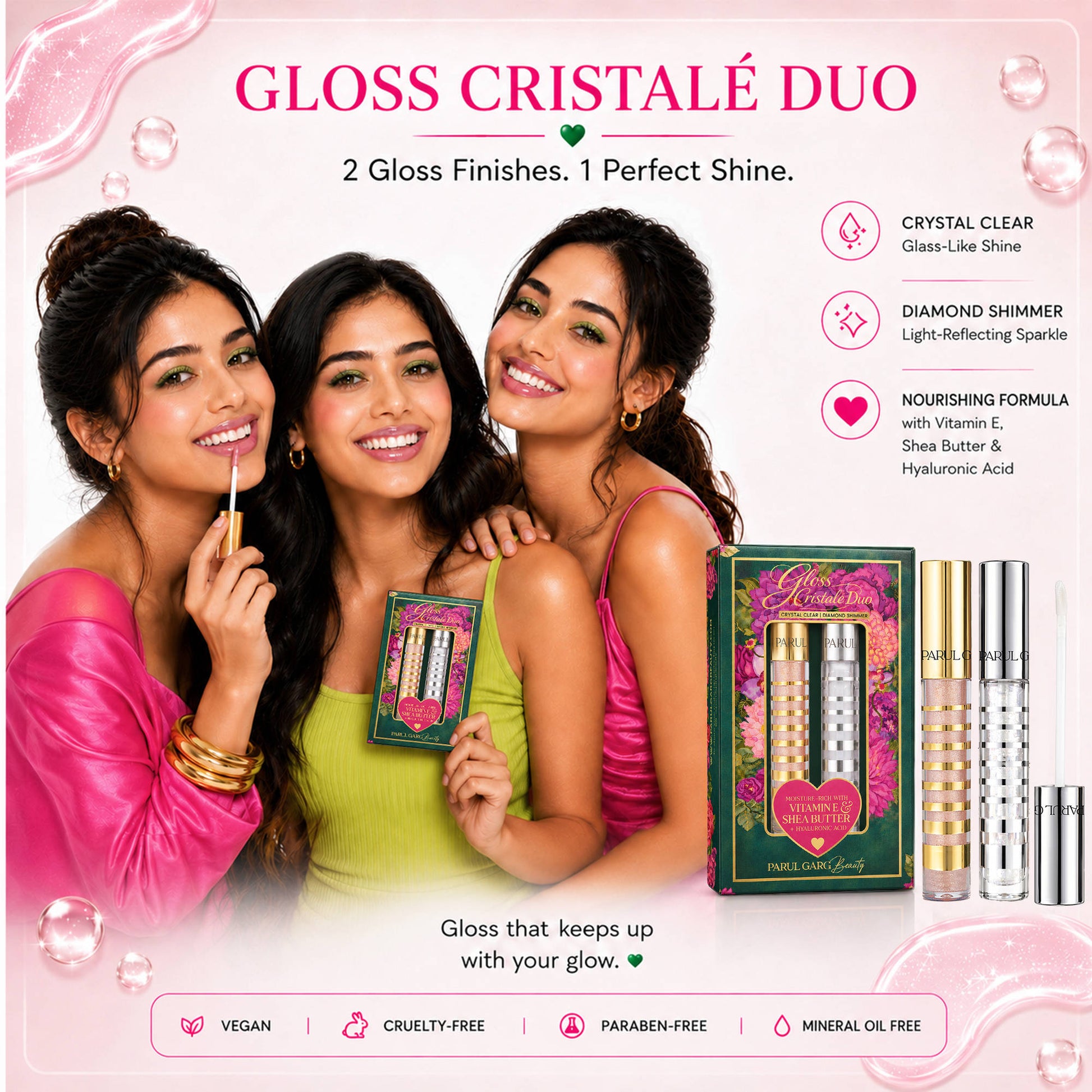 Parul Garg Beauty Gloss Cristale Duo Clear & Diamond Shimmer Lip Gloss Duo Pack, Non-Sticky Shine