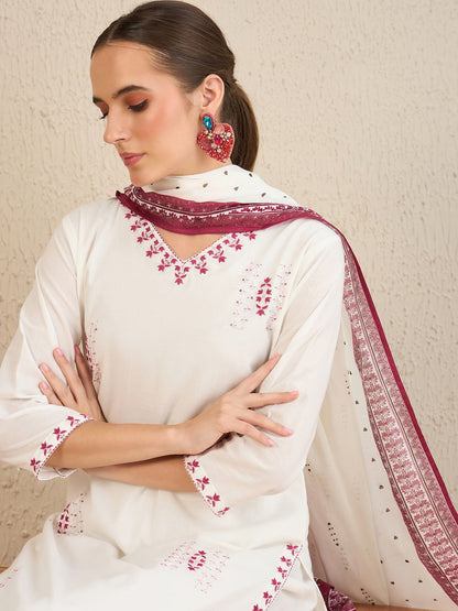 Floral Embroidered V-Neck Pure Cotton Straight Kurta With Trousers & Dupatta