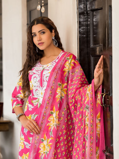 Indyancart SN Women's Floral Printed Thread Work Straight Kurta With Trousers & Dupatta Set