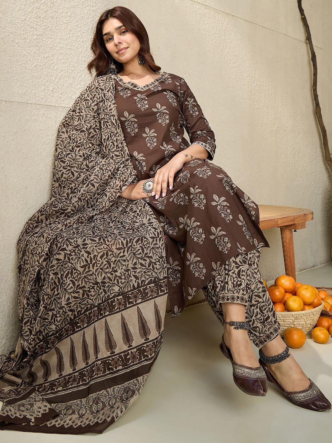 Indyancart IE Floral Printed V Neck Pure Cotton Kurta With Salwar & With Dupatta