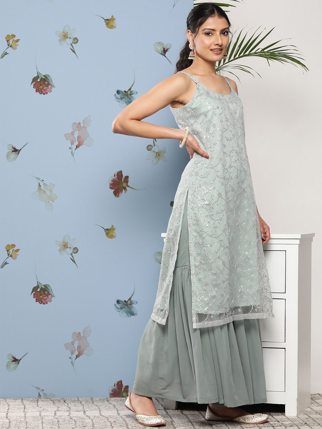 Indyancart VA Women Floral Embroidered Sequinned Kurta With Sharara & Dupatta