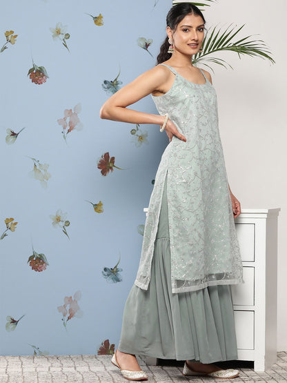Indyancart VA Women Floral Embroidered Sequinned Kurta With Sharara & Dupatta