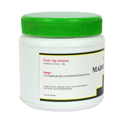 Agatsya Madhunashini Churna in a glass jar, traditional herbal powder for blood sugar management, by Agatsya.
