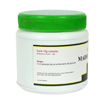 Agatsya Madhunashini Churna in a glass jar, traditional herbal powder for blood sugar management, by Agatsya.