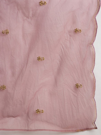 Indyancart IE Floral Embroidered Notch Neck Zari Straight Kurta With Trouser And Dupatta