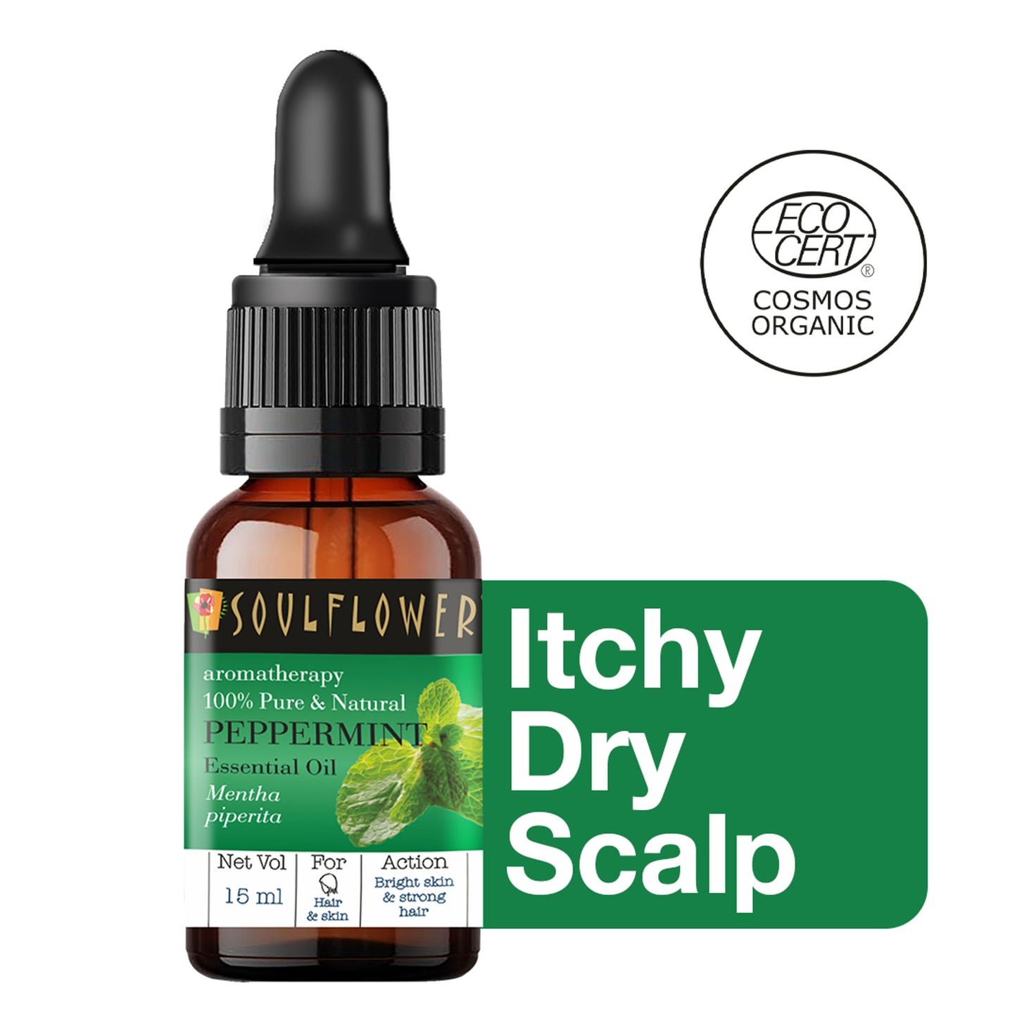 Soulflower Organic Peppermint Essential Oil for Hair Growth, Itchy Scalp Care, Dandruff Control