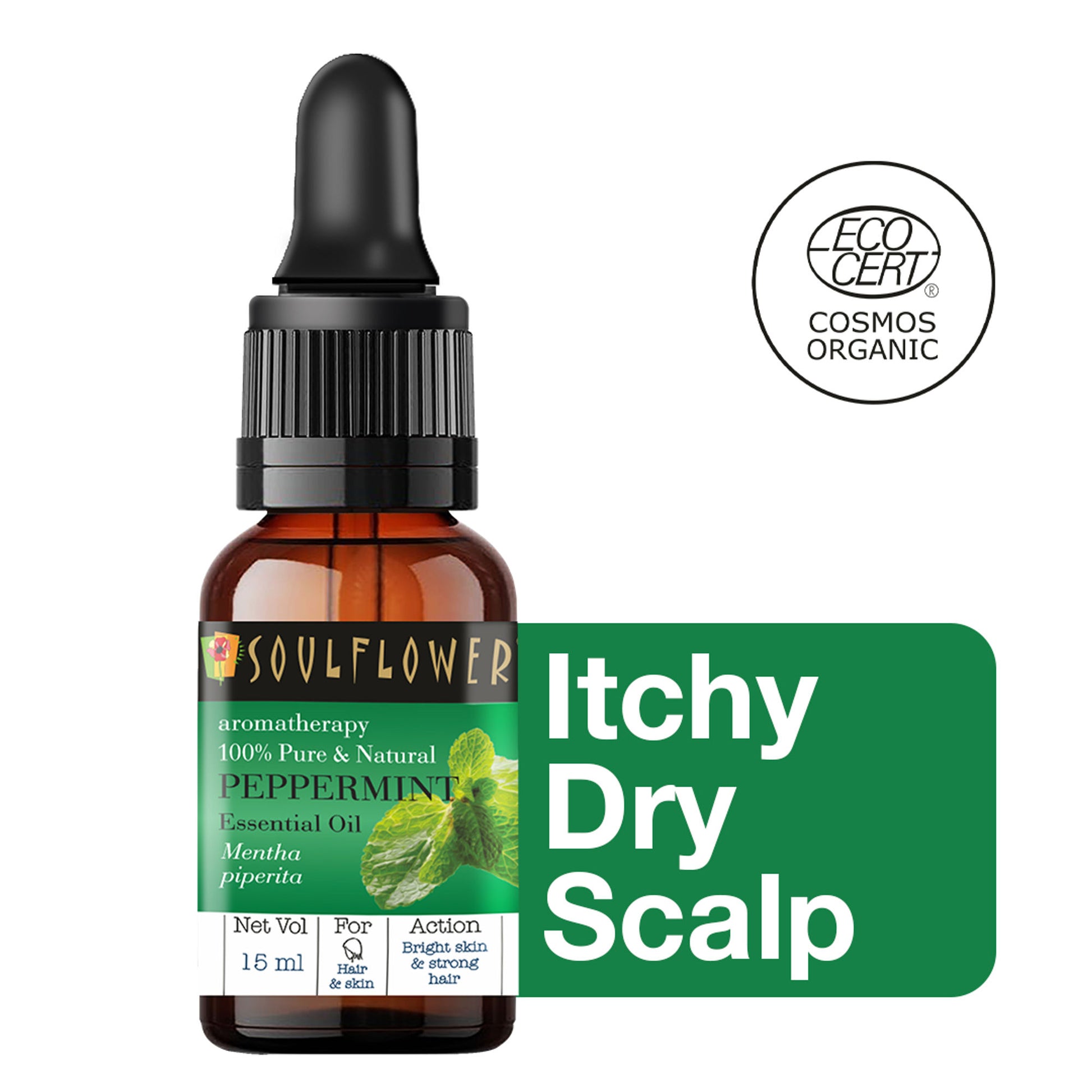 Soulflower Organic Peppermint Essential Oil for Hair Growth, Itchy Scalp Care, Dandruff Control