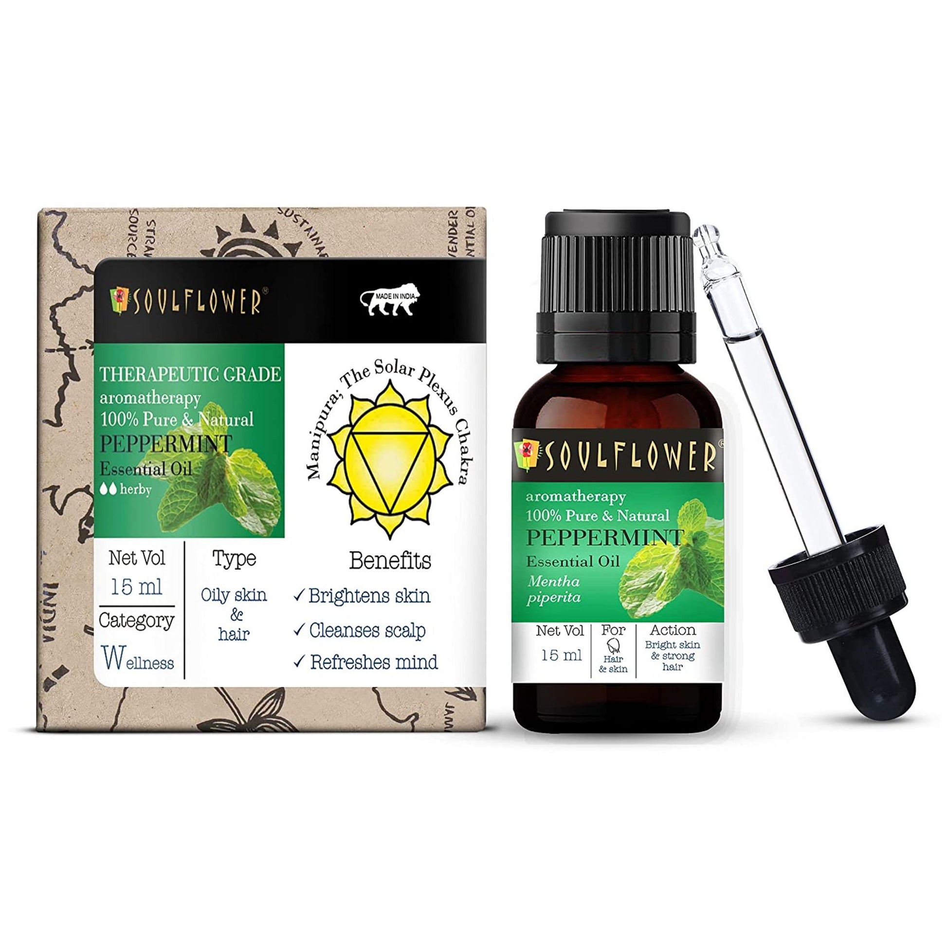Soulflower Organic Peppermint Essential Oil for Hair Growth, Itchy Scalp Care, Dandruff Control