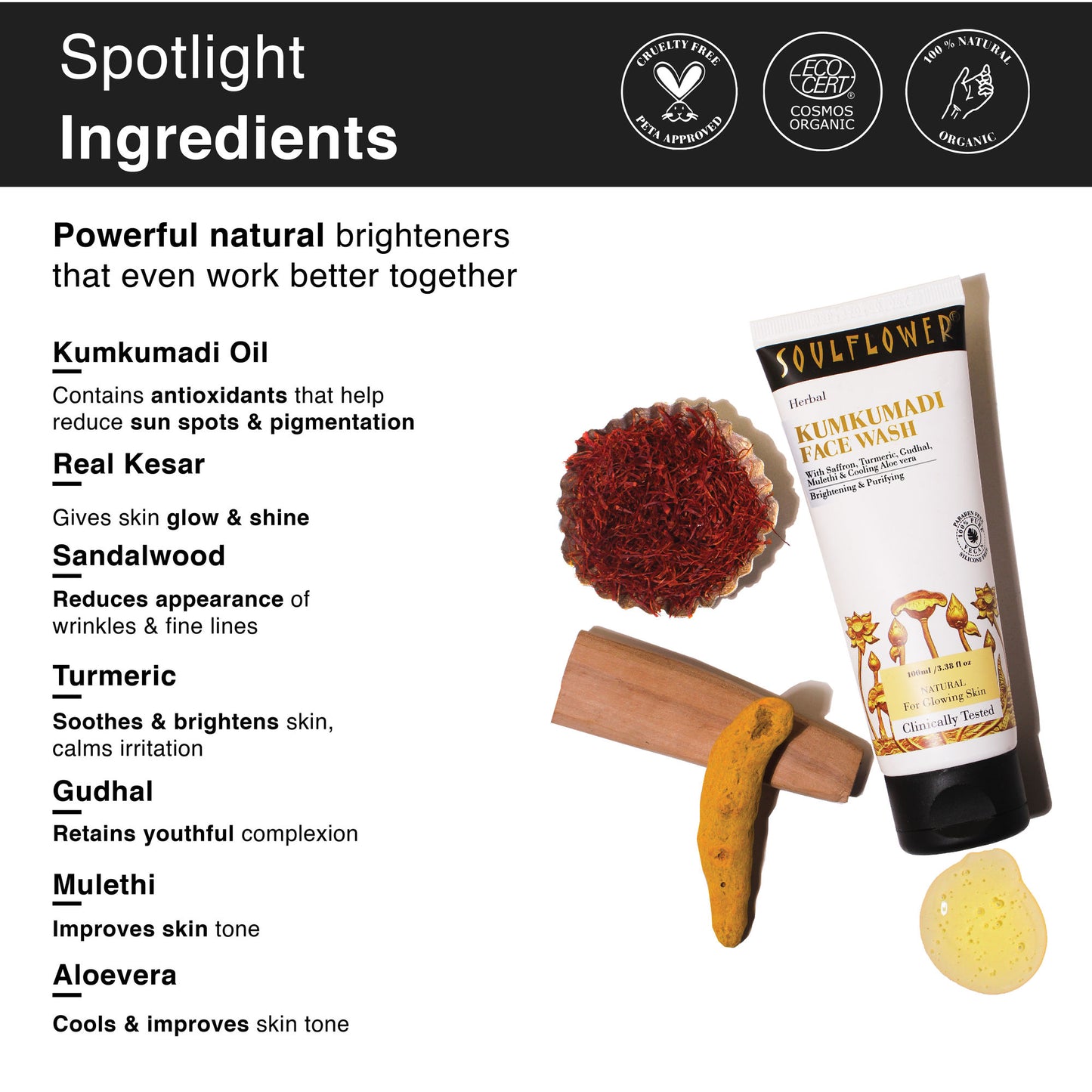 Soulflower Organic Kumkumadi Face Wash For Glowing Skin, Acne Control, Sulphate Free Ubtan