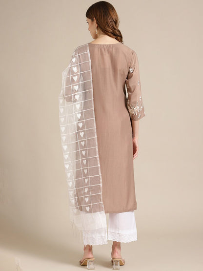 Indyancart VA Women's Beige Floral Embroidered Kurta with Trousers & With Dupatta